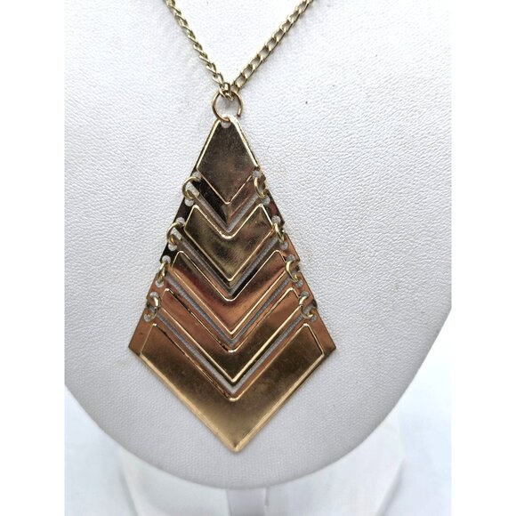 Gold-Tone Chevron Pendant Necklace With Red Enamel Accents On Chain For Women - Picture 2 of 3